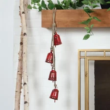 Red Metal Tibetan Inspired Cylindrical Decorative Cow Bells with 4 Bells on Jute