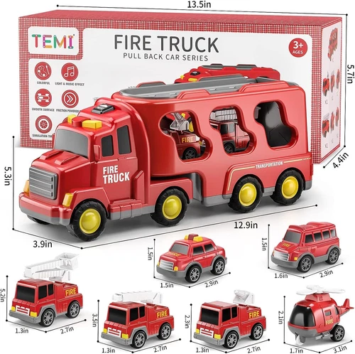 7 in 1 LKW Feuerwehrauto mit Licht und Musik Auto Transporter Kinder Spielzeug - Bild 14 von 14