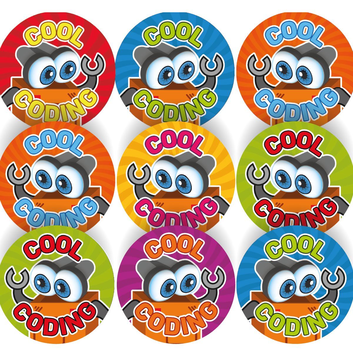 144 Cool Coding Robots - 30mm - Glossy Reward Stickers for Teachers & Parents