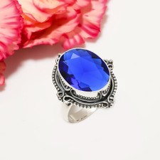 Blue Sapphire Simulated Gemstone 925 Sterling Silver Ring Oxidize Jewelry Gift.