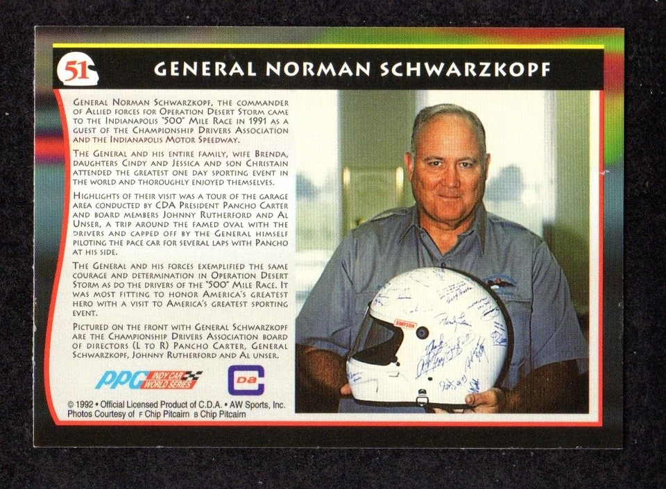 1992 All World Sports Indy Car Racing #51 Gen. Norman Schwarzkopf Al Unser Card - Image 2 of 2