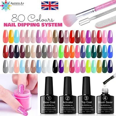 NAIL DIPPING POWDER 80 Colours + DIP Liquids BASE TOP COAT ACTIVATOR BRUSH SAVER