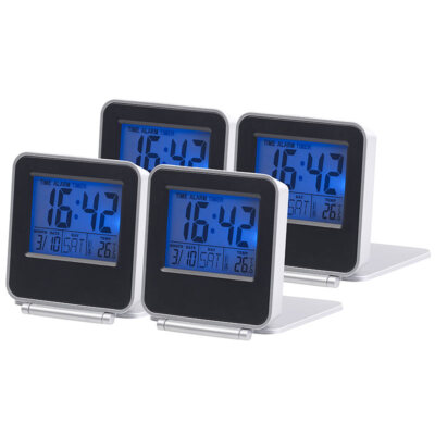 PEARL 4er-Set kompakte Digital-Reisewecker mit Thermometer, Kalender & Timer