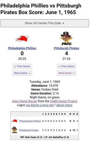 Bob Veale ☆Strikes Out 16 Phillies☆ SETs Pirates Franchise Record!!☆ 1965 Ticket - Picture 20 of 23