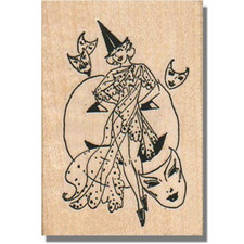 Wood Rubber Stamp, Lady With Pumpkin, Vintage Halloween,Witch,Costume,People,Hat