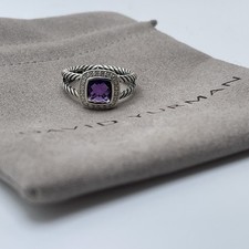 David Yurman 925 Sterling Silver Petite Albion Ring Amethyst Diamonds Size 8