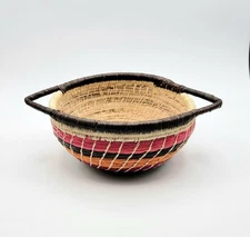 Hand Woven Colorful Round Decor Basket Double Handle 6" Diameter 