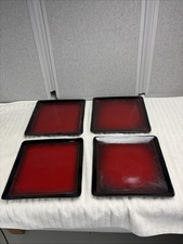 Set 4- 222 Fifth RAVI Square Dinner Plates Black & Red Stoneware Goth 10 1/2”
