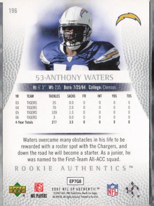 2007 SP Authentic Anthony Waters #196 Rookie Authentics #482/999 Chargers - Image 2 of 2