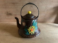Teapot Cookie Jar Tea Coffee Kettle Colorful Flowers Metal Handle 737 Vintage