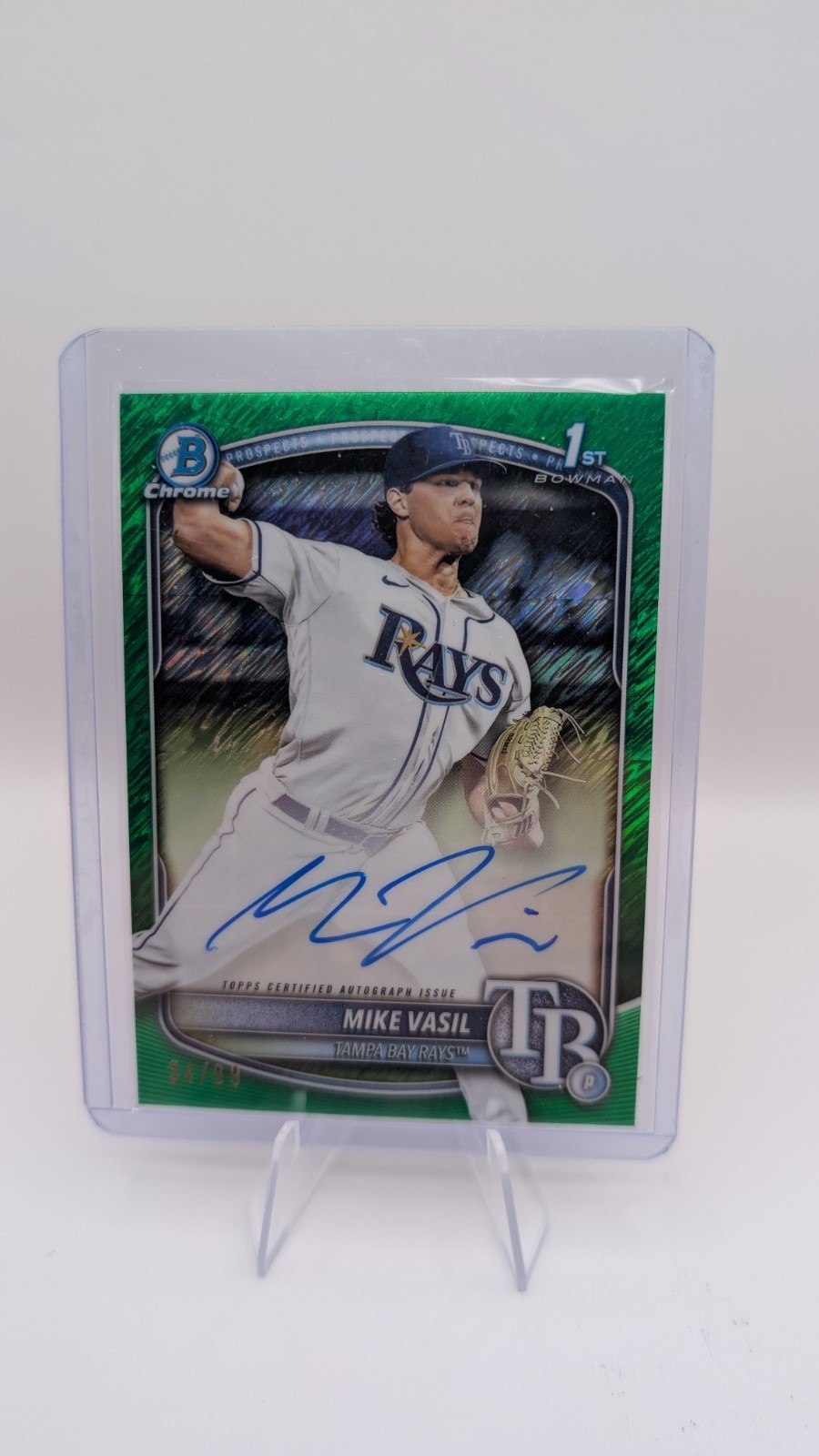 2025 Bowman Mike Vasil Green Shimmer Auto /99 1st Prospect Chrome Rays #CPA-MV
