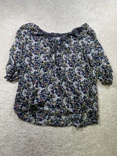 Old Navy Blouse Womens XL Blue Floral Paisley Chiffon Sheer Boho Peasant Top