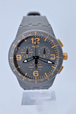 NEW Swatch Swiss Gordon SUSA401  Plastic Analog Gray Gold Watch Chronograph 42MM