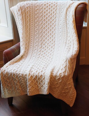 SAOL Irish Aran Throw Heavy Cable Knitted Blanket 100% Merino Wool 42'' x 62''