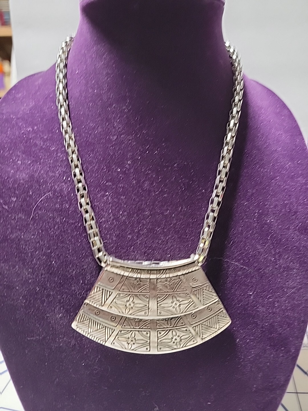 Statement Necklace Silver Tone Engraved Tribal Fl… - image 2