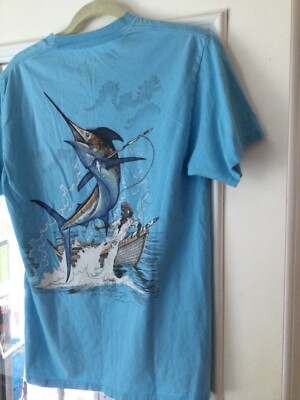 Guy Harvey Original Sz Medium Blue Bluewater Marlin Fish AFTCO T-Shirt Pocket