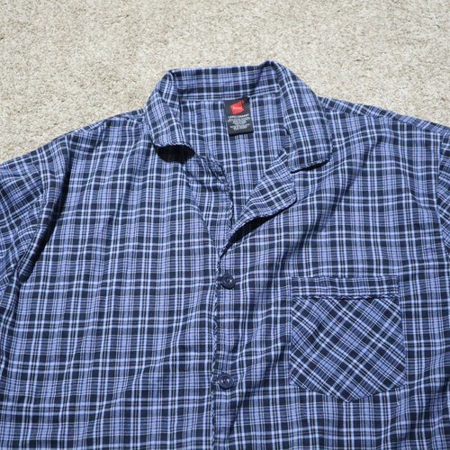 Hanes Button Front Shirt Blue Plaid Long Sleeve Spread Collar Pocket Men's XL