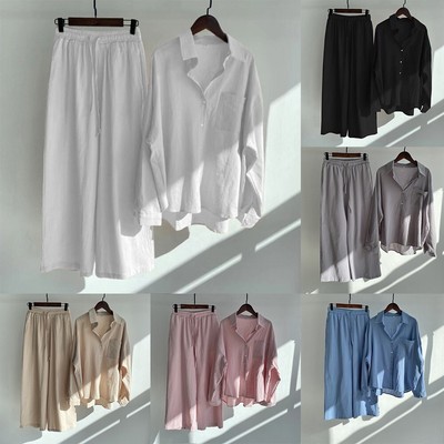 Ästhetisches Damen Freizeit Set Vintage Style Einfarbig Hemd und Hose