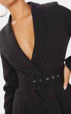 Pretty Little Thing Black Long Sleeve Tailored Belted Play suit Size 14 UK