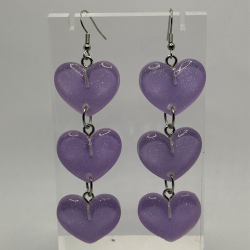 Long Large triple sherbet heart earrings , Glitter, Resin Fun 9.5 cm Long - Picture 3 of 73