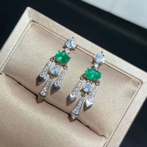 Natural Emerald Dangle Earrings, Women's Emerald Earrings Platinum Plated 4x6mm