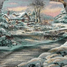 Vtg Mohawk Home Winter Scene Tapestry Throw Blanket Cottage House Snow 48"x55"