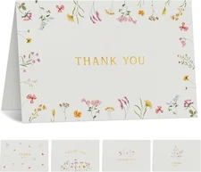 Thank You Cards with Envelopes & Stickers Set of 20 Floral Gold Foil Notes