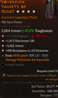 Diablo 4 S13 Pants 4GA Intelligence Max life Armor Resistance All Elements