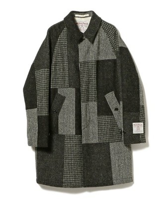 Beams Plus Men's Patchwork Harris Tweed Balmacaan Coat, Grey, P/W, Size L