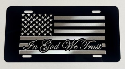 Engraved In God We Trust US USA Flag Diamond Etched Black Car Tag License Plate