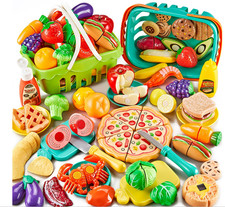 85pcs Pretend Play Food Sets for Kids Kitchen, Cutting Toy Food with 2 Baskets,