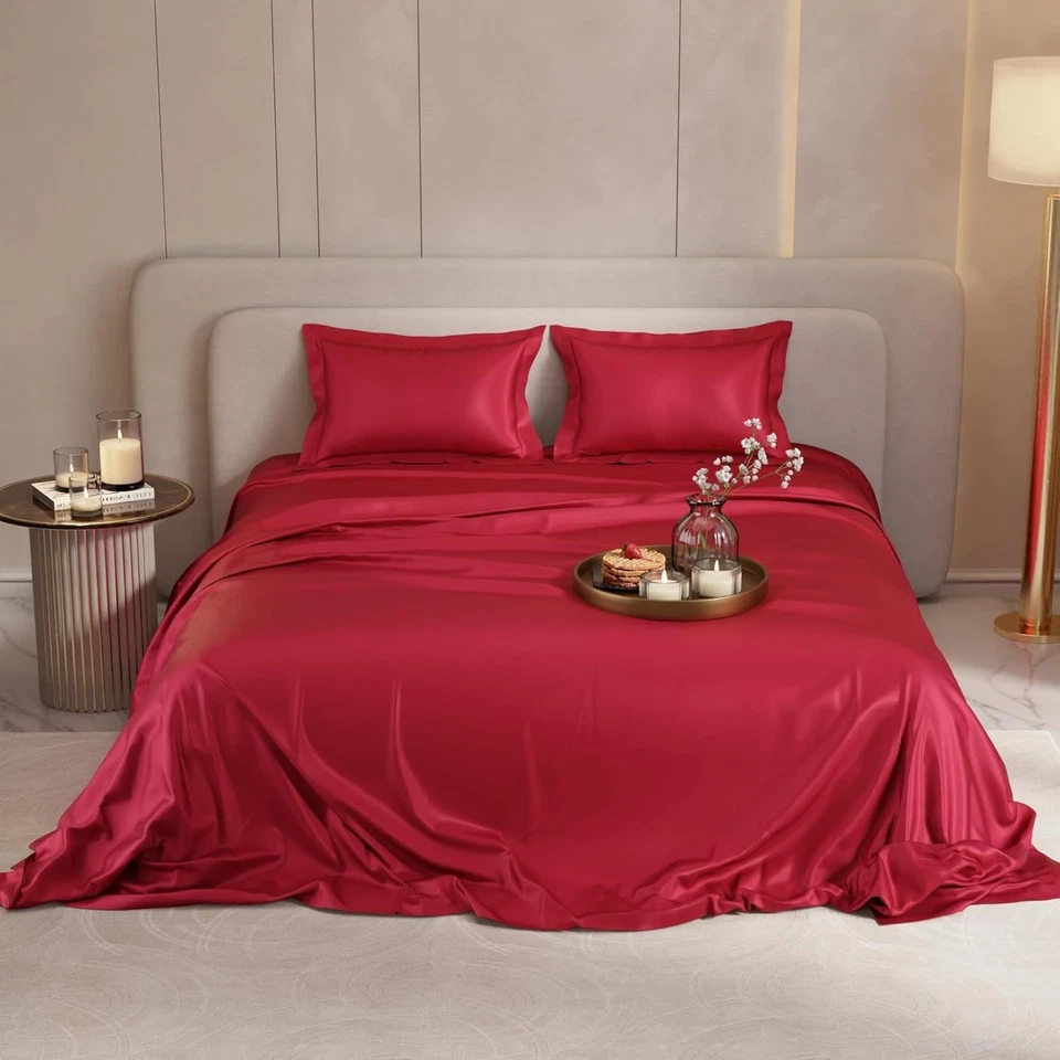 Silk Double Bedsheet with 2 Pillow Covers Premium Bedding Set flirty Red - Image 2 of 4