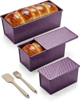 3-Piece Pullman Loaf Pan with Lid Set   Non-Stick Carbon Steel Bread Pan with