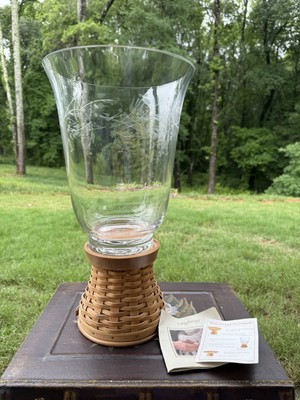 Longaberger Large Glass Etched Hurricane With Woven Pedestal Stand New
