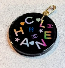 Chanel Button Round RESIN Black Multi colour logo Zipper Pull 28mm