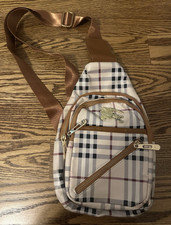 Burberry Plaid Small Crossbody Bag Beige/Brown/Black Zip Adjustable Strap Gold