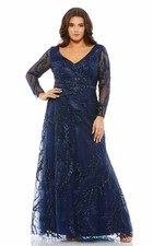 Mac Duggal Midnight Blue Embellished Illusion Long Sleeve A-Line Gown 14w $498