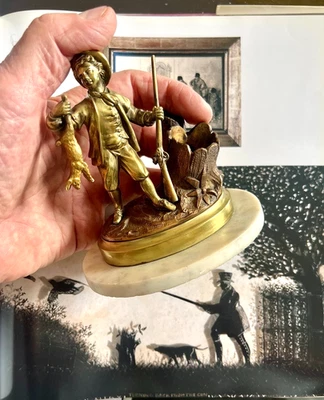 Sculpture Statuette Bronze à deux Patines - Chasseur de Lièvre  XIXe - Photo 1/4