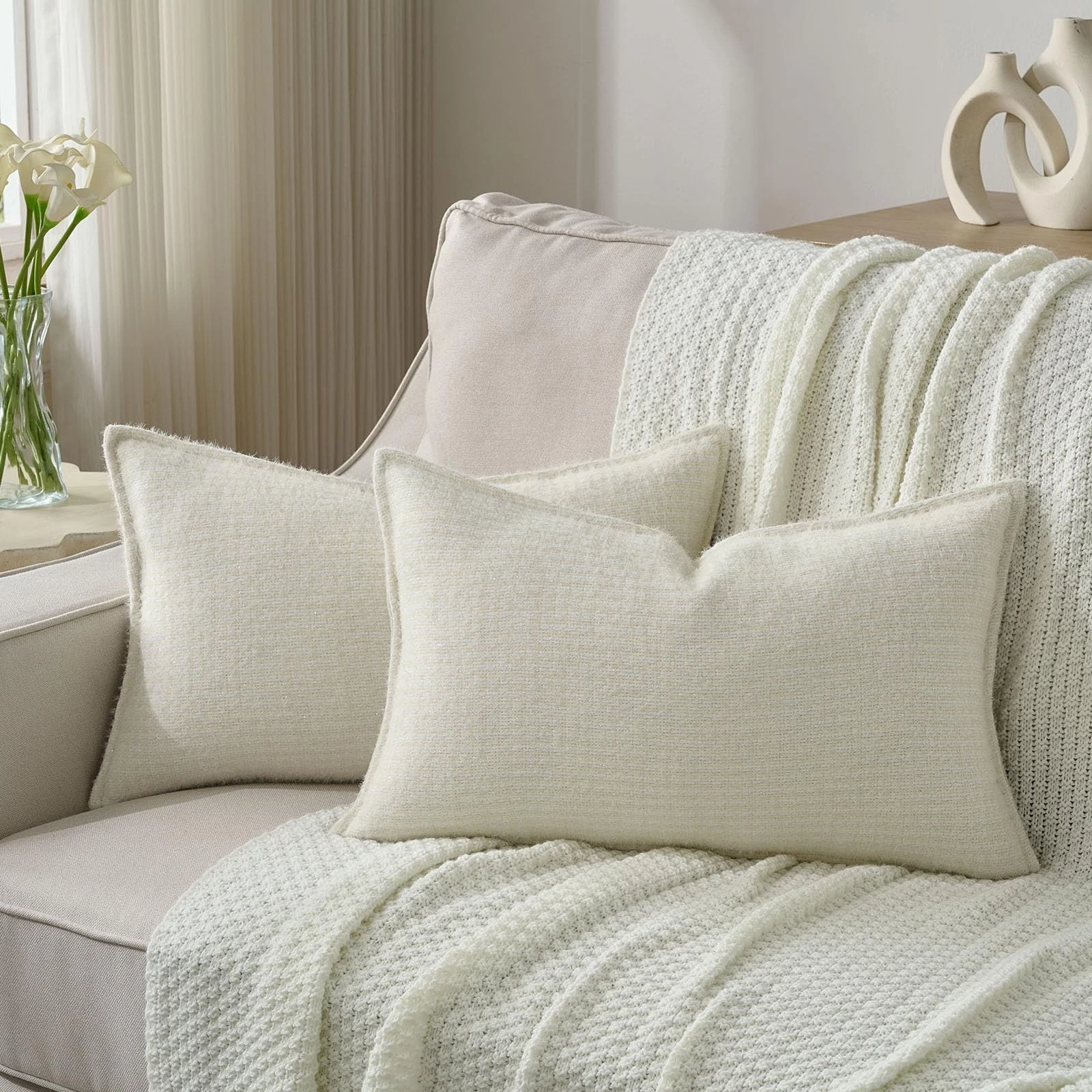 FUTEI Cream Decorative Throw Pillow Covers 12x20 20" x 12" (Pack of 2),