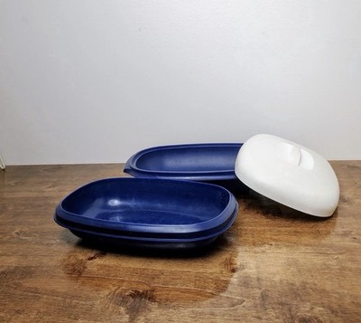 Vintage Tupperware Microwave Steamer #1273   Blue Base with White Lid   3-Piece