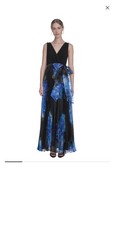 Eliza J Black Blue Pleated Sleeveless Floral Chiffon Gown Size 12 $298