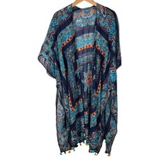 Womens Navy Blue Paisley Tassel Kimono Cardigan Bohemian Open Front Cover Up OS