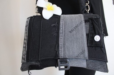 Balenciaga Denim Patchwork Hourglass Bag Medium in Washed Black w/ DB and Tags