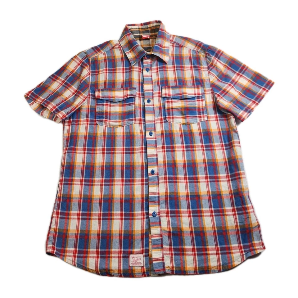 Puma Button Up Shirt Men 2XL Blue Red Plaid Short Sleeve Causal Cotton Adult Top - Image 1 of 4