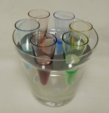 VINTAGE GLASS BOWL 6 COLORED SHOT GLASSES w /...