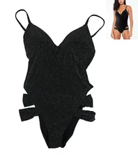 Bar III Metallic Shimmer Strappy-Leg One Piece Bathing Suit M NWT Black