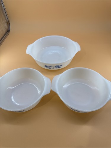 Anchor Hocking Fire King Blue Flower Milk Glass Casserole Baking Dishes Set 3 C - Picture 9 of 10