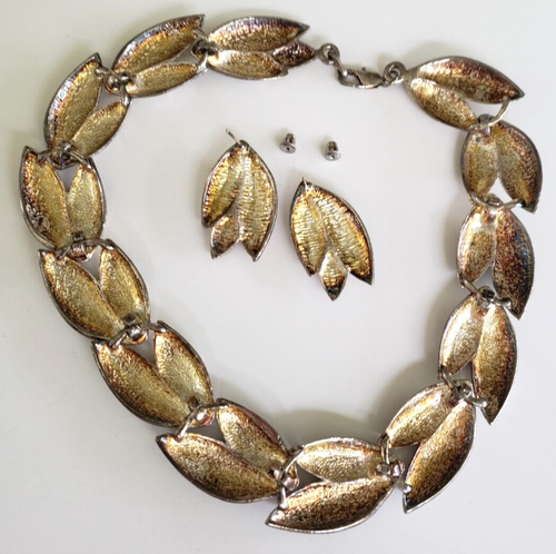 Vintage strukturierte Blatt Blätter silberfarben Halsband Halskette Ohrringe Set in Karte - Bild 3 von 9