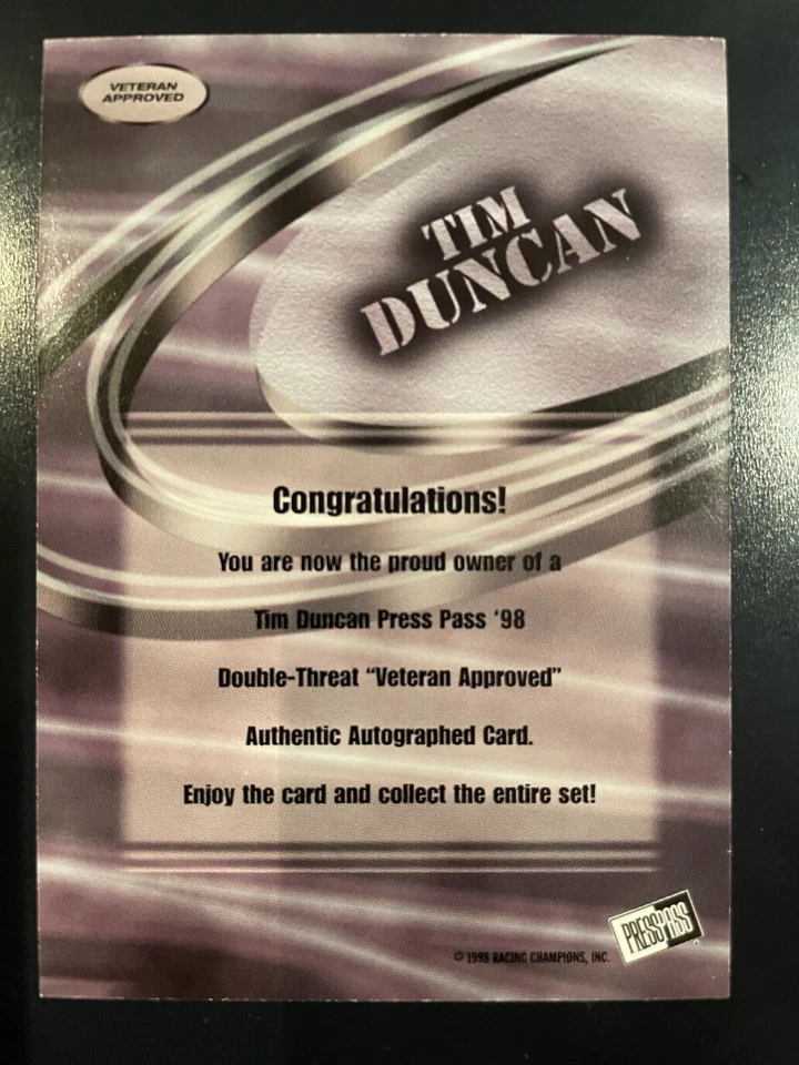 1998 Press Pass Double Threat Veteran Approved Tim Duncan Auto - Image 2 of 4
