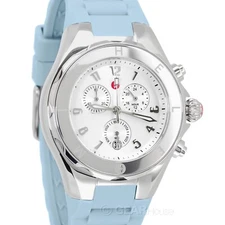 MICHELE Tahitian Jelly Bean Womens Chronograph Watch, Silver Dial, Blue Silicone